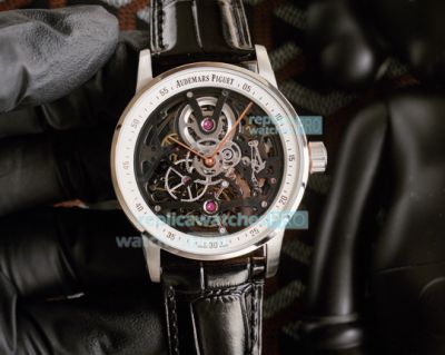 Copy Audemars Piguet Code 11.59 Watch SS Skeleton Dial Black Leather Strap